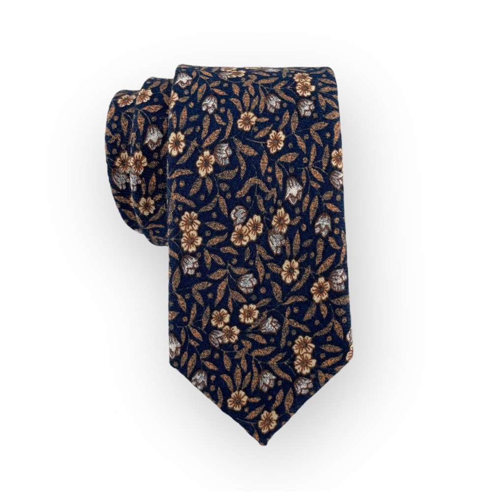 Men’s Navy w/ Ochre Rustic Style Floral Print Necktie Slim 2.75” Width Tie